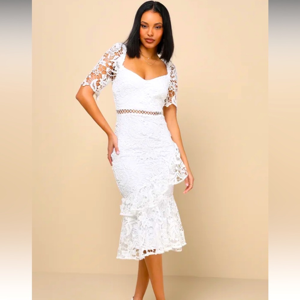 Lulu’s White Lace Ruffled Midi Dress